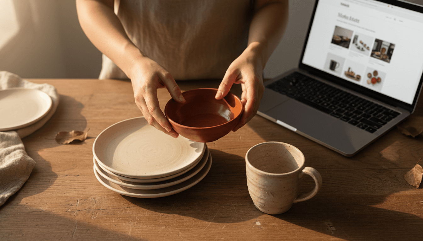 Artisan hands working with traditional pottery alongside a laptop showing a professional website design