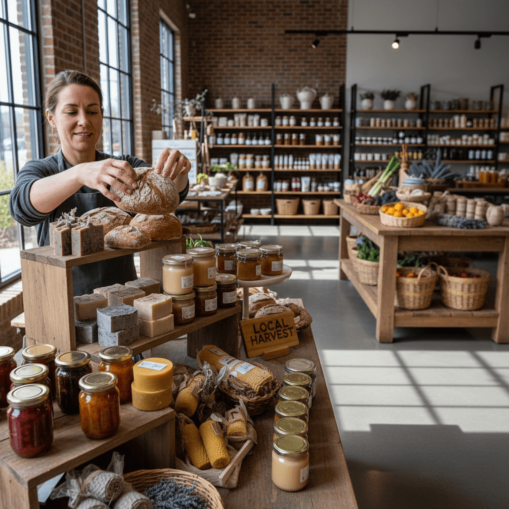 Producteur local présentant ses produits avec soin et expertise